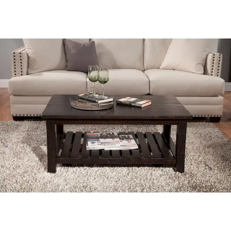 Farmhouse Coffee Table with Bottom Shelf, Grey/Espresso/White/Black/Honey, Pine Wood