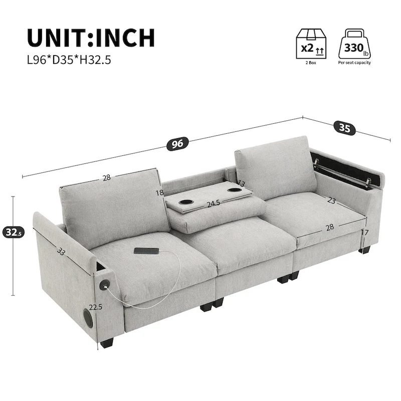 96 Chenille Smart Sectional Sofa with Bluetooth Speaker, Drop-Down Table & USB Charger and 3-Seater Cloud Couch