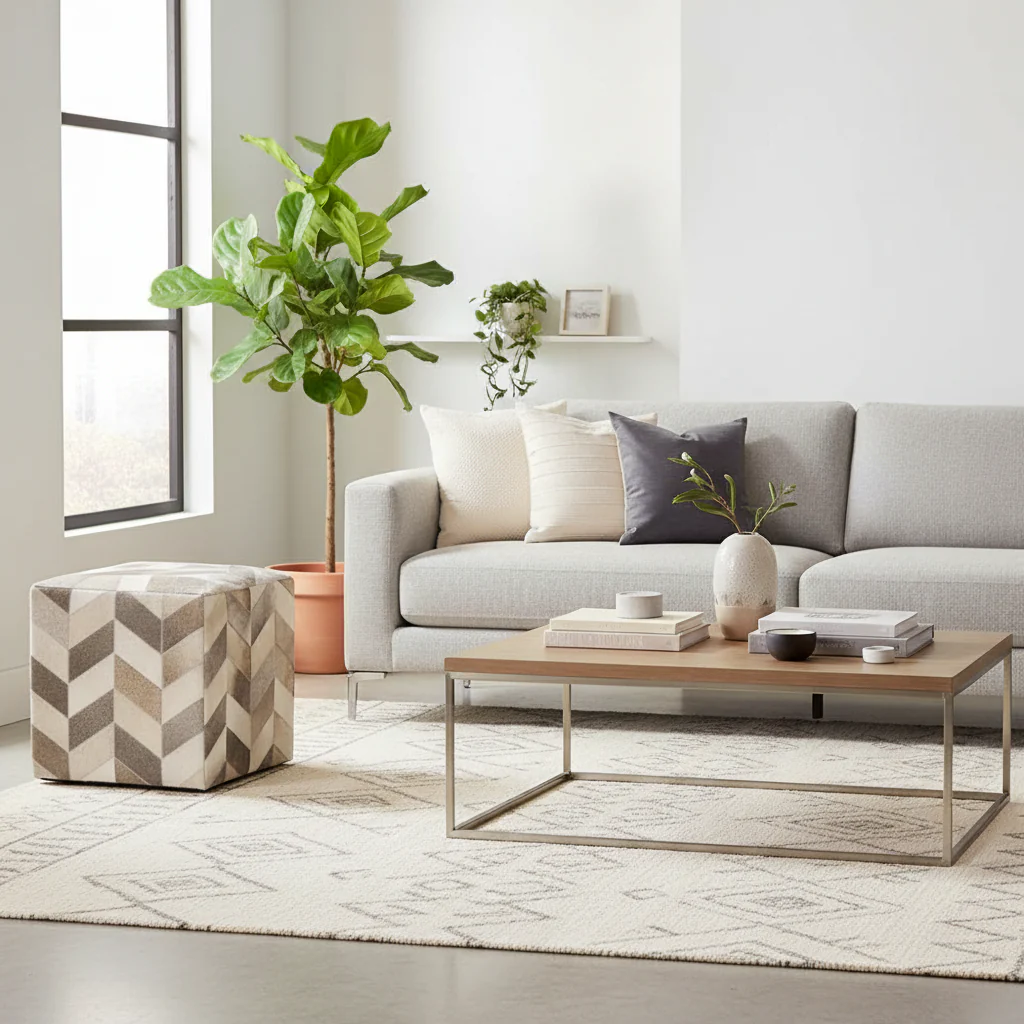 Plaid Square Faux Fur Pouf