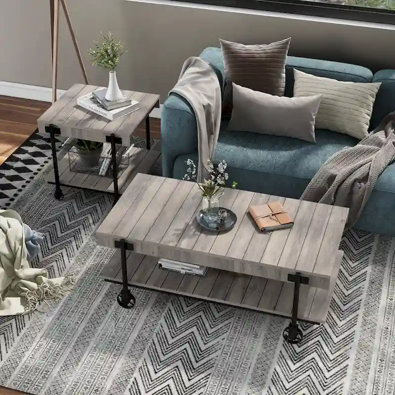 Farmhouse Steel 2-Piece Coffee Table Set with Shelf