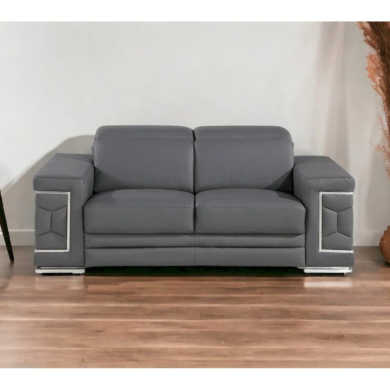 HomeRoots 71 Gray And Silver Genuine Leather Loveseat