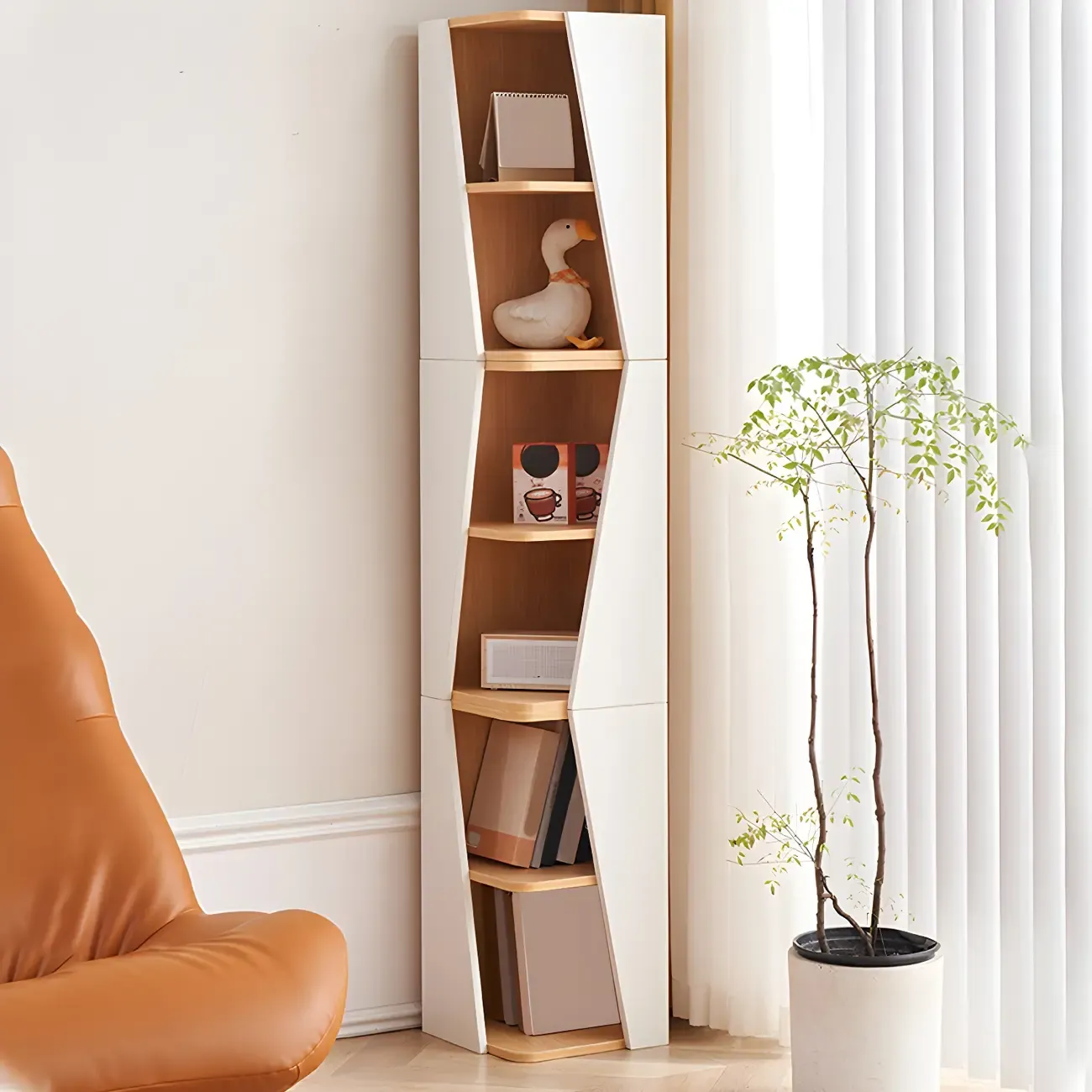 Artistic Modern White Wooden Corner Bookcase