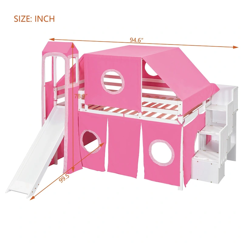 Full Loft Bed with Castle Tent & Tower and Solid Wood Frame, 400lb Capacity, Playhouse Design