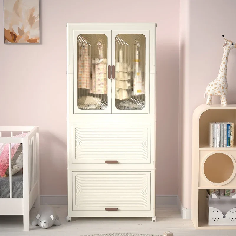 Portable Wardrobe Closet with 4 Cubes, Hanging Rod, and Magnetic Doors