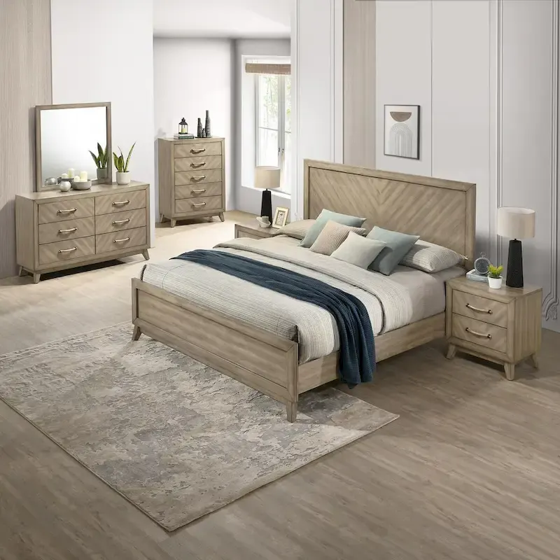 Roundhill Furniture Arena Contemporary Wood Bedroom Set: Panel Bed, Dresser, Mirror, 2 Nightstands, Chest in Antique Gray