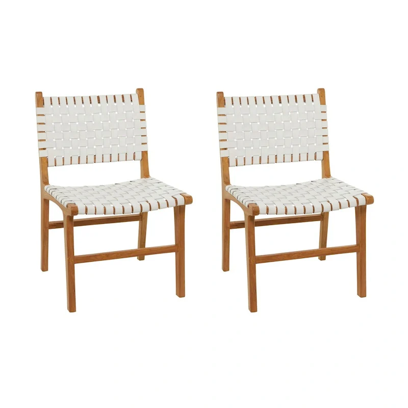 Woven Leather Dining Chairs with Teak Wood Frame - Set of 2