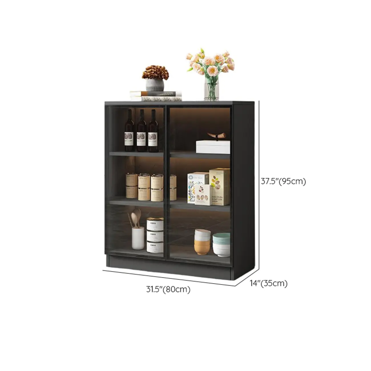 Large 3 Shelves Glass Wood Black Sideboard with LED Light