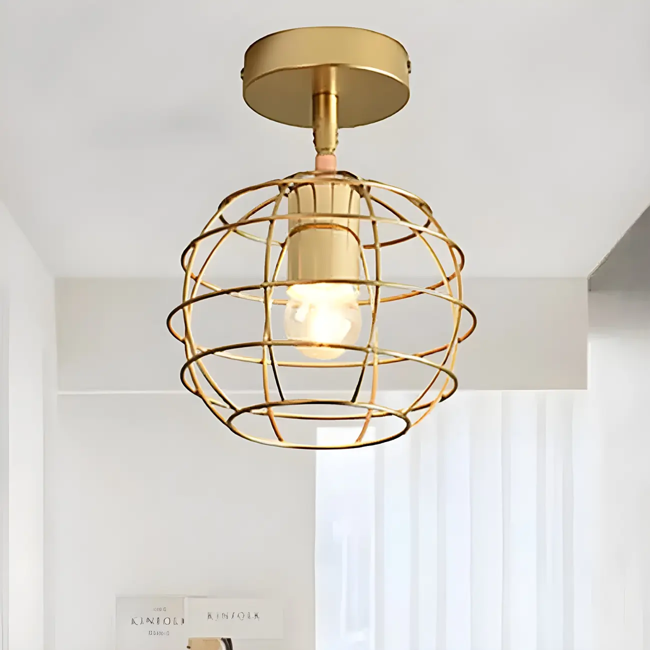 Industrial Brass Dome Semi Flush Metal Ceiling Light
