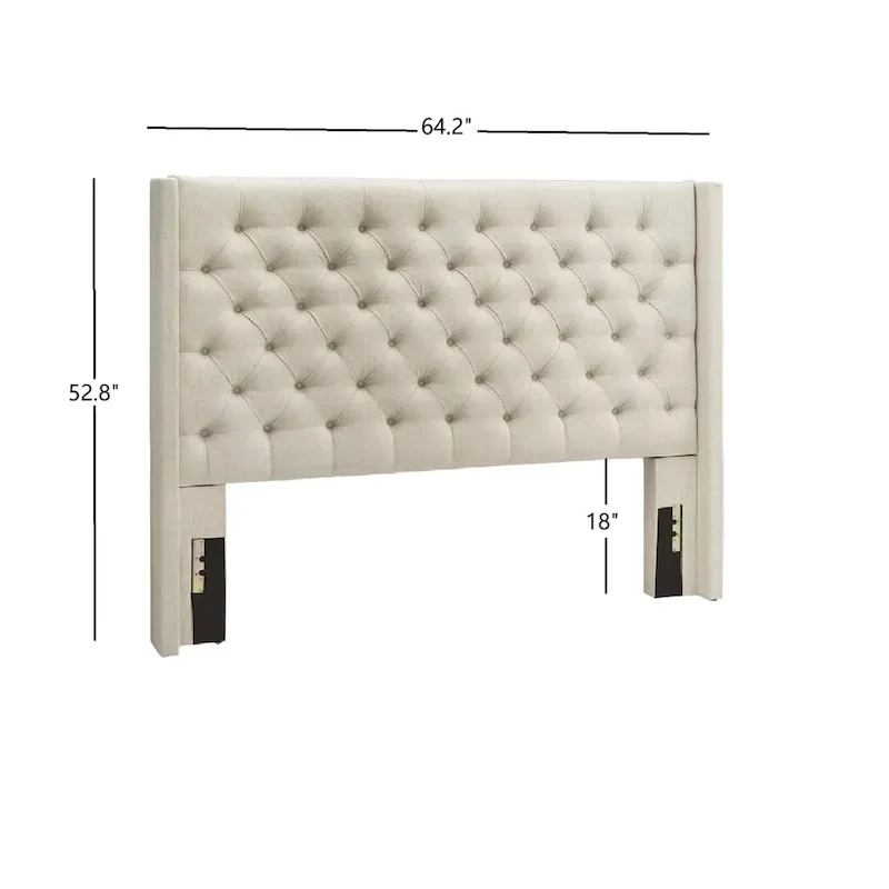 Full Wingback Button-Tufted Headboard, Beige/Dark Grey/Grey, Linen