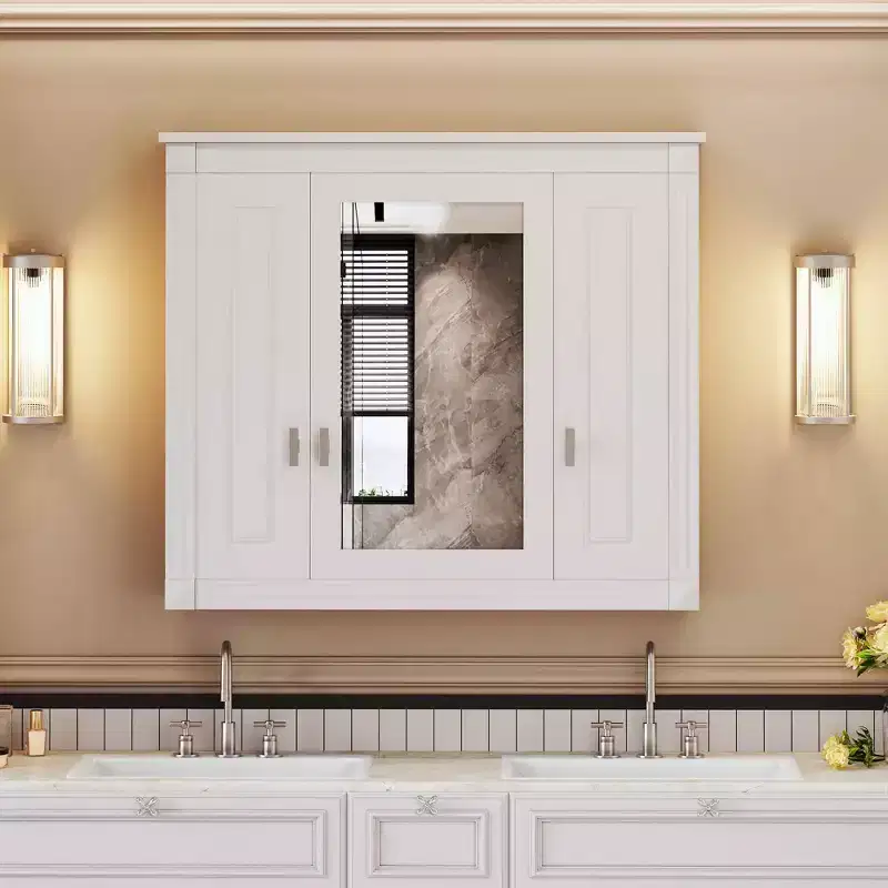 MAYEERTY 35 Bathroom Medicine Cabinet with 5 Closed & Adjustable Shelves Bathroom Wall Mounted Storage Cabinet with Glass Doors White