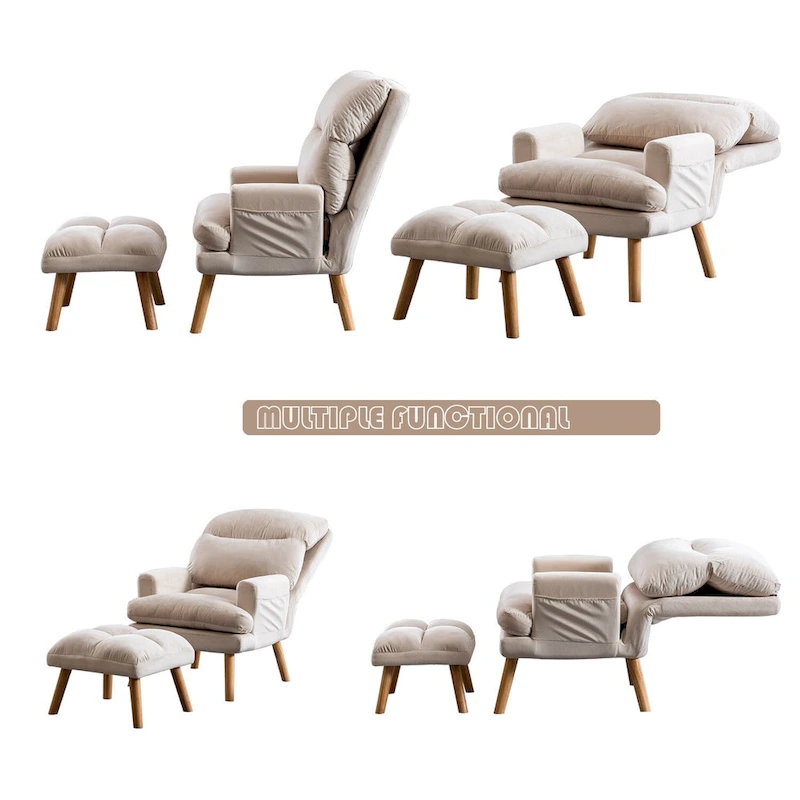 Velvet Fabric Armchair with Ottoman with Adjustable Backrest and Side Pockets