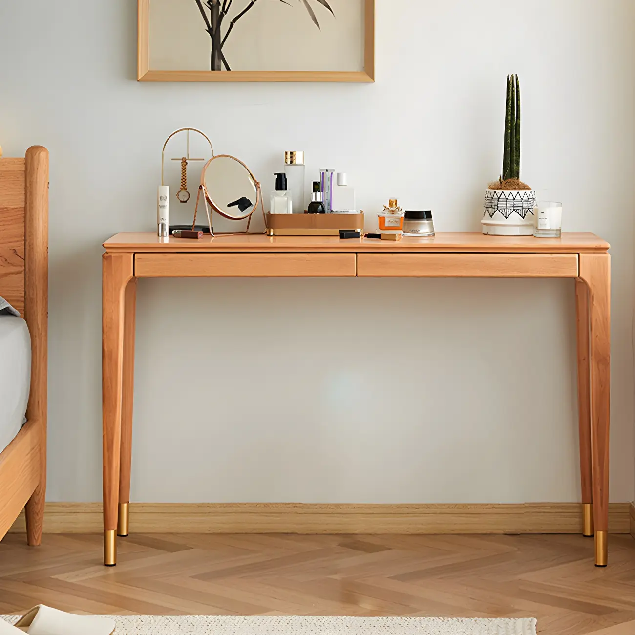 Natural Wood Entryway Console Table with Drawers