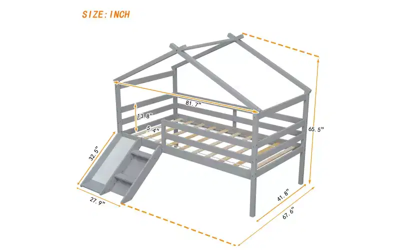 Whisen 81.7L x 67.6W Twin Low Loft House Bed with Slide, Ladder, Safety Guardrails, House Roof Frame