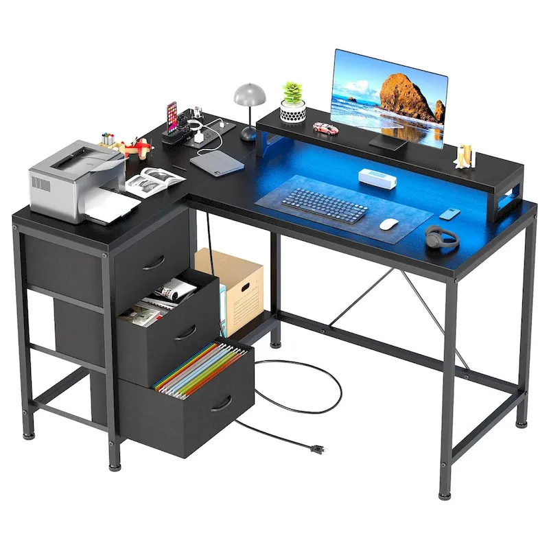 GIMMYFIVE L Shaped Gaming Desk with Power Outlets & LED Lights