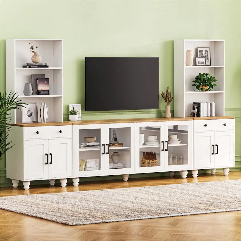 TV Stand with Gourd-Shaped Legs for TVs Up to 70,Entertainment Center with Bookshelves & Glass Doors,Adjustable Shelves