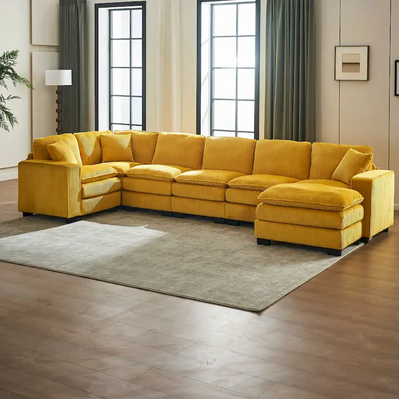 Yellow 118.1 Luxurious U-Shaped 6-Seat Sectional Sofa with Ottoman and 3 Throw Pillows in Durable Corduroy