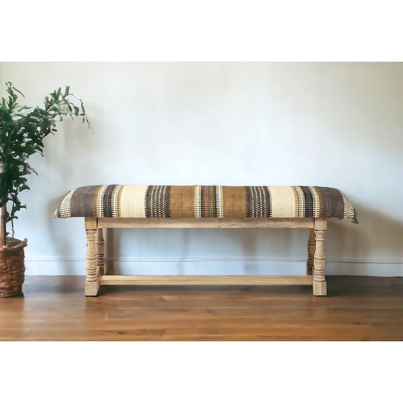 HomeRoots 59 Beige and Gray and Brown Upholstered Jute Striped Bench - 59