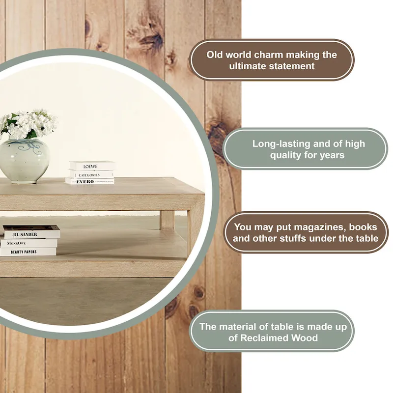 Artissance Versatile Peking Grand Framed Square Coffee Table With Weathered White Wash, 50 Inch Long