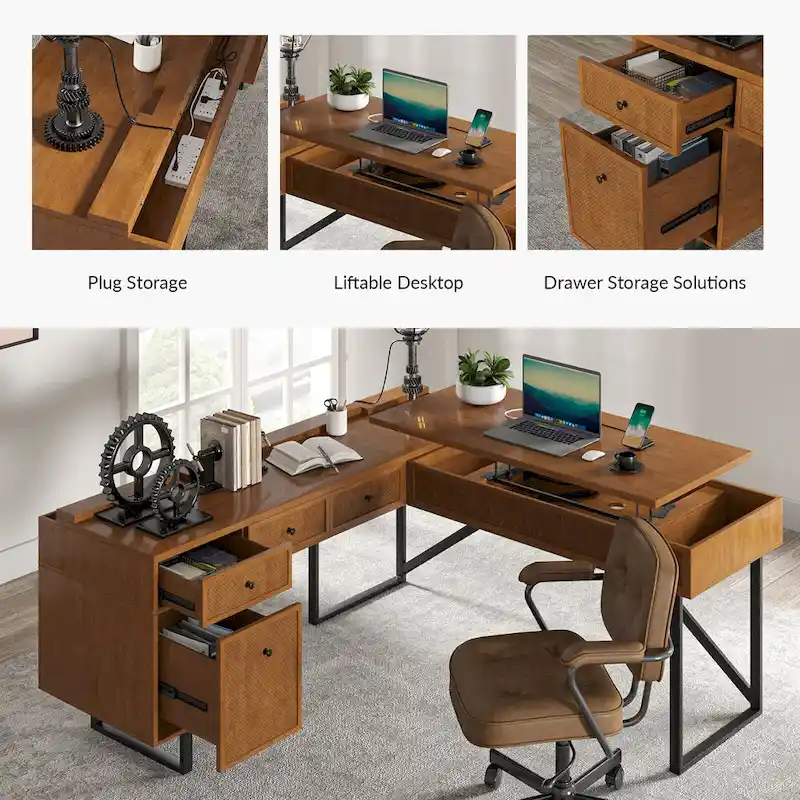 Alfons Industrial L-shaped Lift Top Cane Executive Office Desk with Drawers and Built-In Outlets