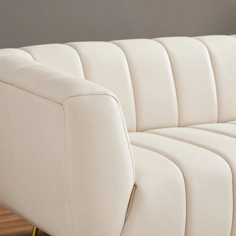 Clovis Mid-Century Modern Furniture Style Upholstered Leather Couch in Cream
