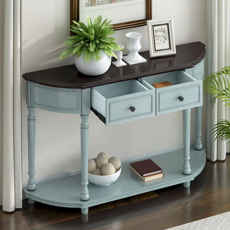 Nestfair Retro Wooden Console Table with Open Shelf Two Drawers