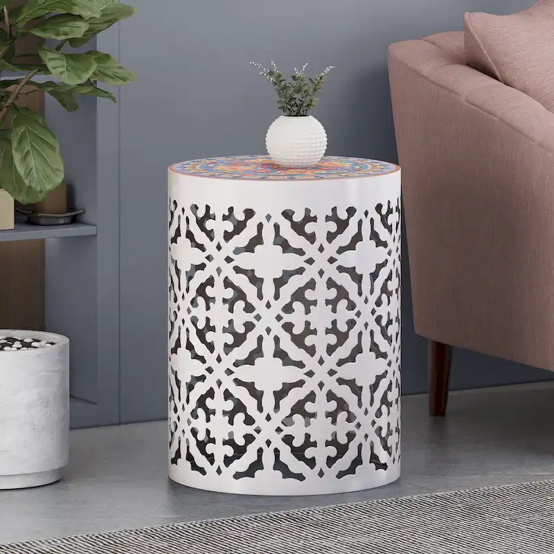 Indoor Lace Cut Side Table with Tile Mosaic Top