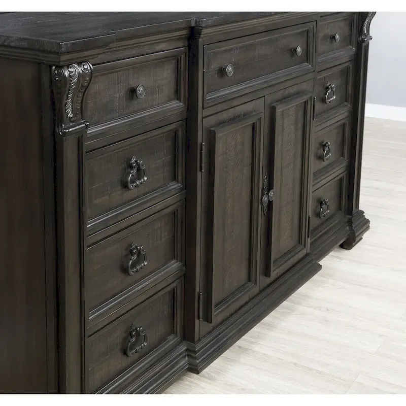 Distressed Dark Walnut Wood Panel Bedroom Set - 5 Pieces