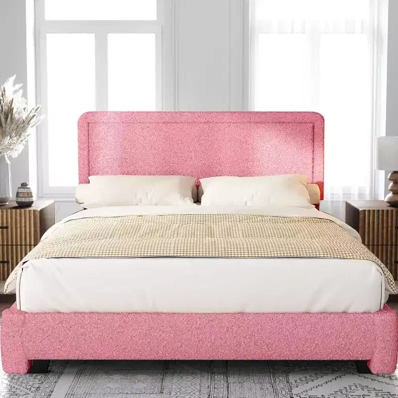 Dyonery Boucle Bed Frame,Black Upholstered Teddy Fabric Bed Frame with Headboard,No Box Spring Required, Adjustable Headboard, Easy Assembly