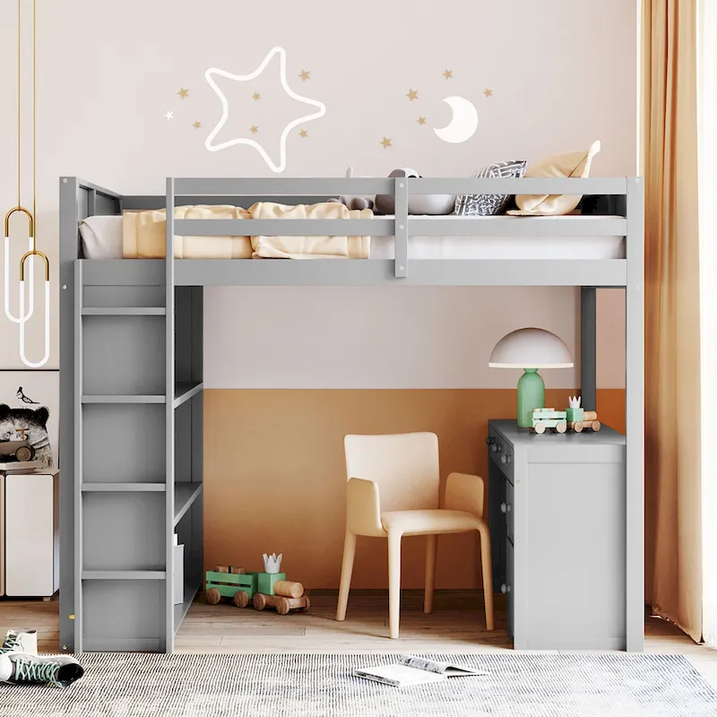 Loft Bed with Ladder, Shelves and Desk