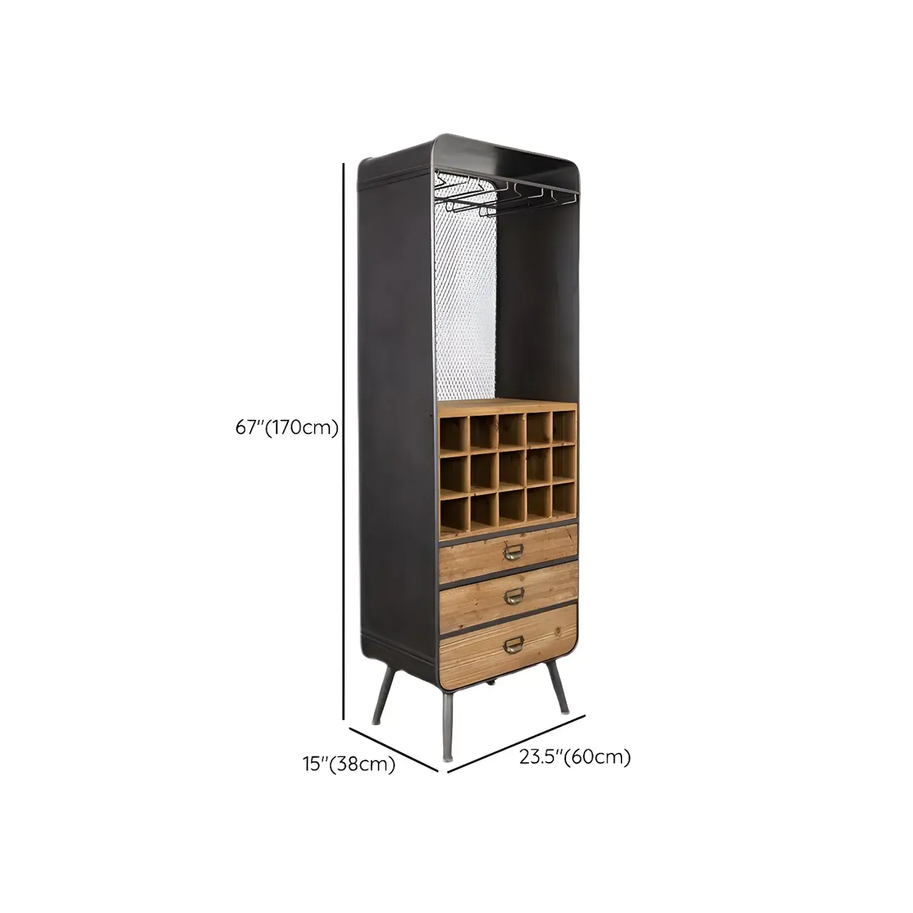 Industrial Brown Wood Wine Rack with Glass Holder and Drawers