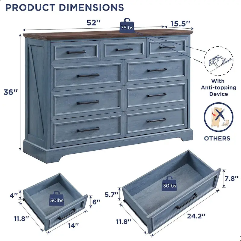 9-Drawer Dresser, Farmhouse, Blue/Grey/Brown/Off White/Black, Engineered Wood