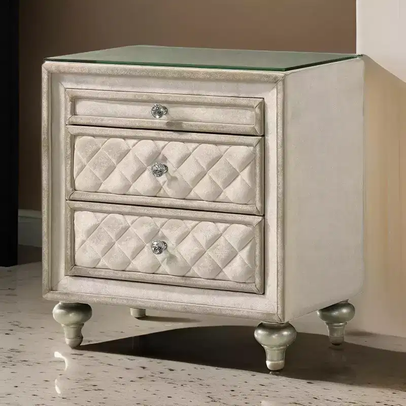 Beige Velvet Upholstered 2-Drawer Nightstand with Glass Top