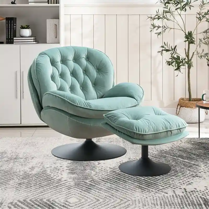 Velvet Swivel Accent Chair with Ottoman Round Reading Accent Chair Foot Stool Ottoman Set,360 Swivel,Metal Frame