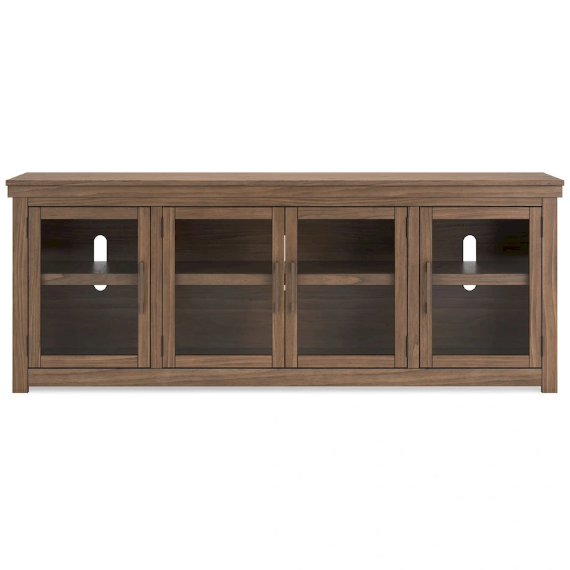 Olaf TV Media Console, 4 Glass Doors, Shelves, Brown Wood 85 Inch