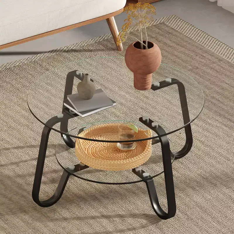 Retro Minimalist Metal Frame Coffee Table with Double Tempered Glass Layers, Size 31.5x31.5x17.7 Inches