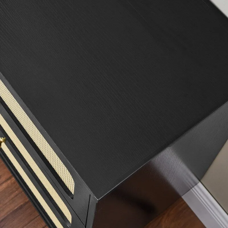 Mid-Century Modern Boho Style 6 Rattan Drawers Double Dresser with MDF Frame and Solid Wood Legs,