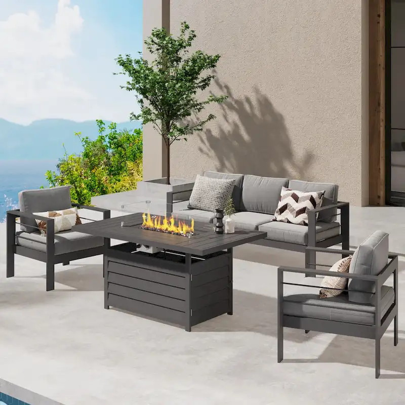 4 Pcs Patio Conversation Set with Propane Firepit