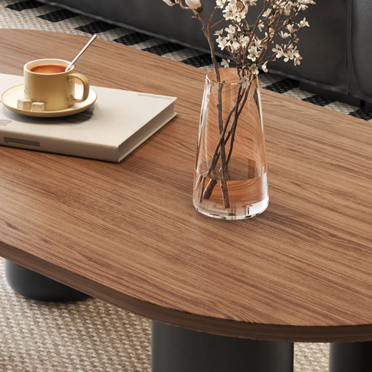 Living Room 4 Legs Simple Wood Stone Oval Coffee Table