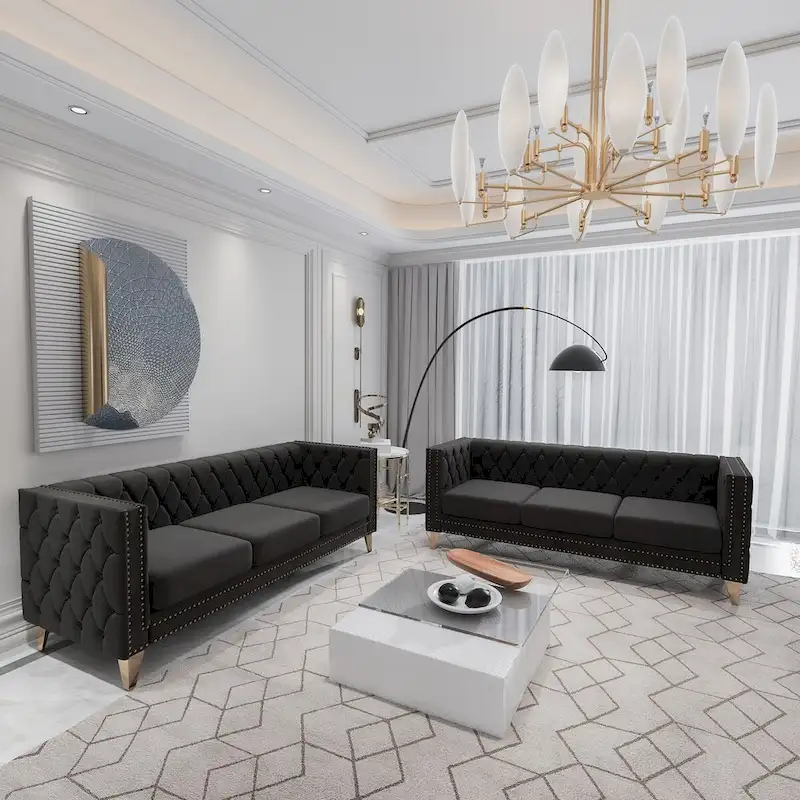 2-Pieces Velvet Upholstered 3 Seat Sofa, Classic Chesterfield Couch Buttons Tufted Square Arm Sofa with Nailheads and Metal Legs