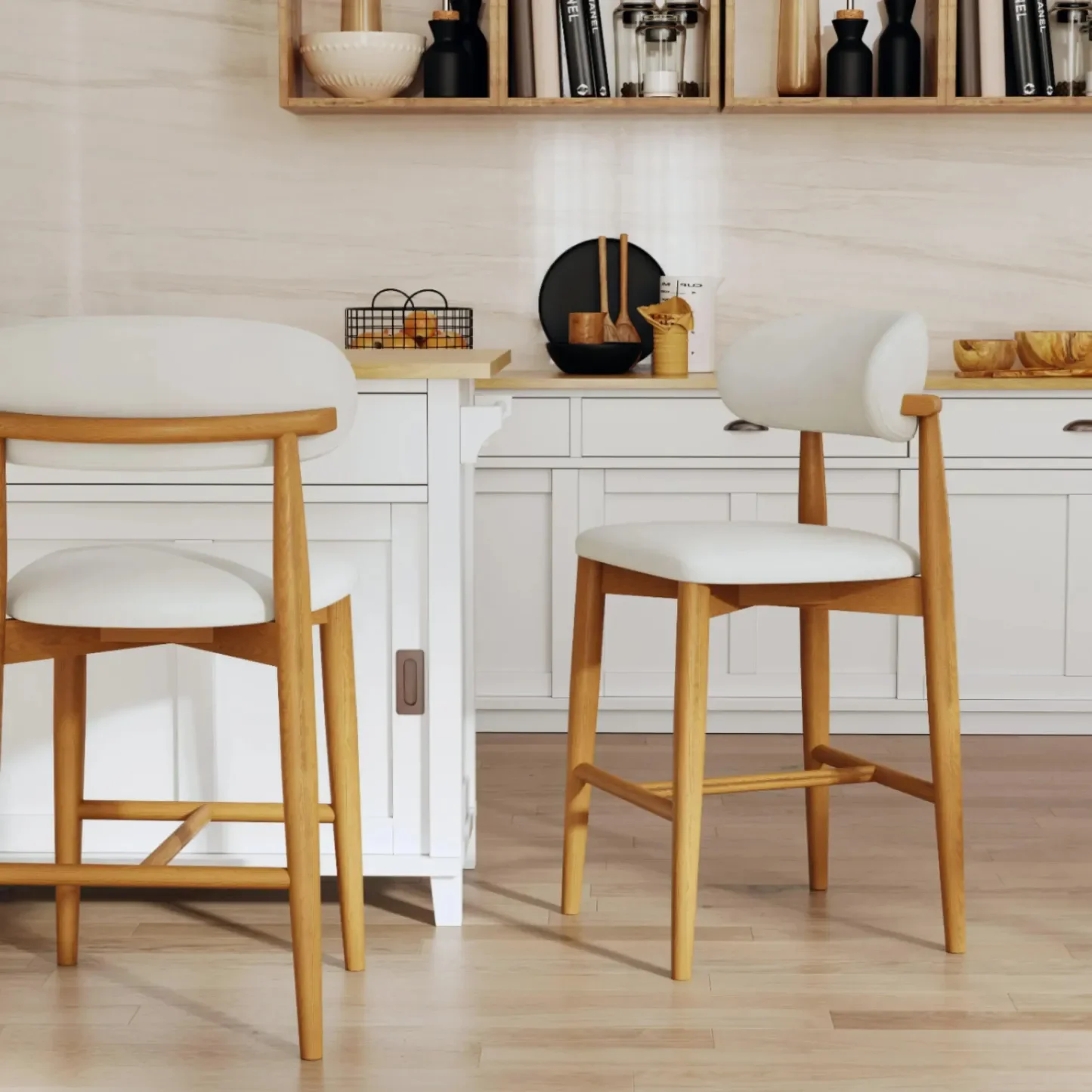 Modern Off-White Leather Curved Back Counter Bar Stools