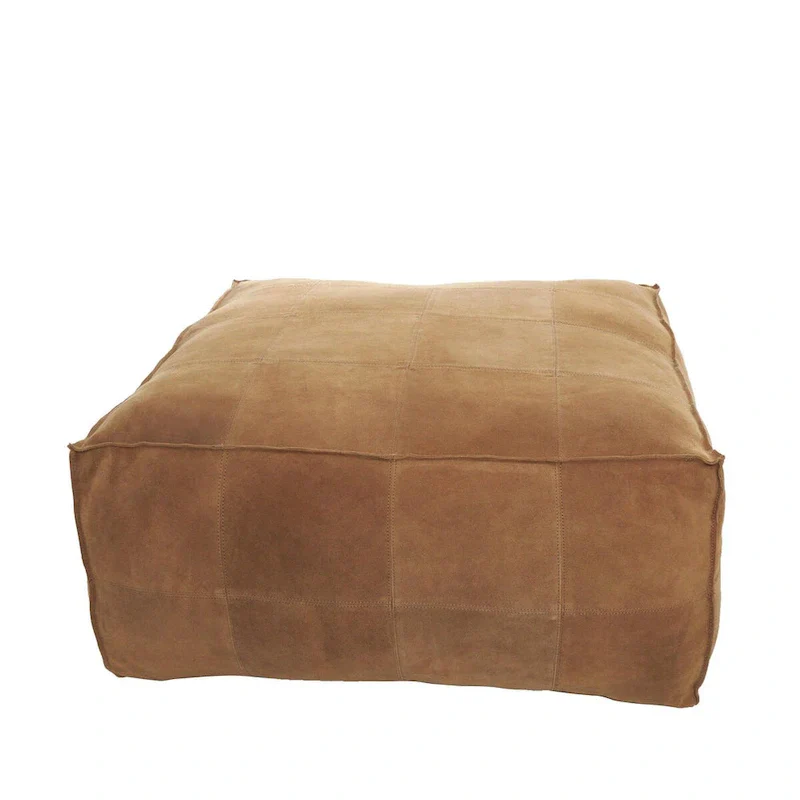 Leather Low Profile Square Pouf with Patchwork Design - Brown, Gray or Dark Brown- Roche River Decor