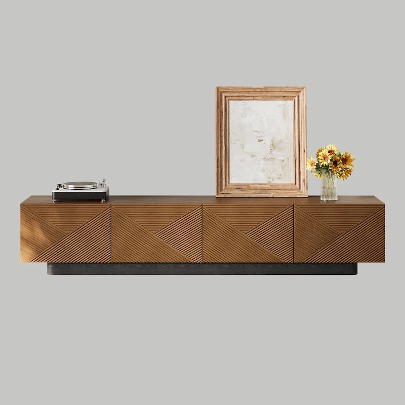78.74  Mid Century Modern TV Stands, with Brown Solid Wood Veneer, Media Consoler with 4 Cabinets