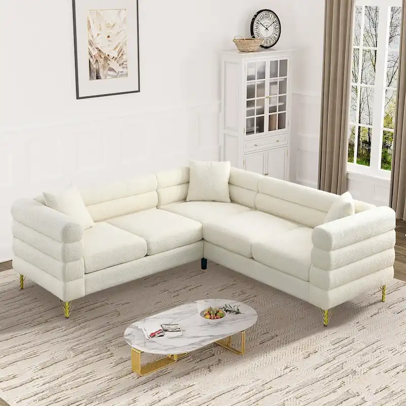 Ouyessir Teddy Fabric Modern Sectional Sofa Sets L-Shape/2/3/4 Seater Sofa Couch with Pillows