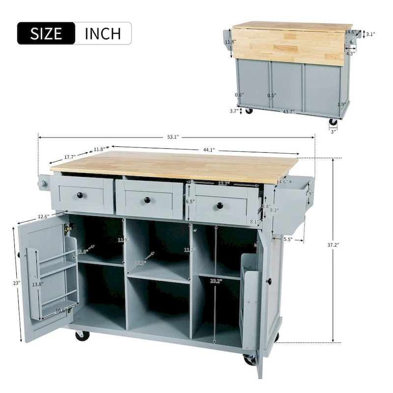 Kitchen Cart With Rubber Wood Drop-Leaf Countertop