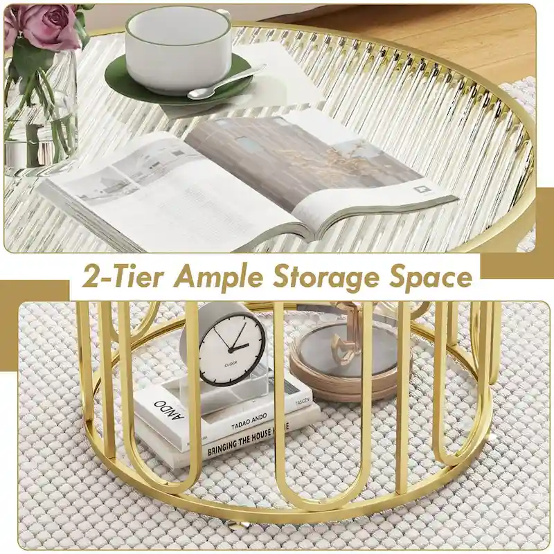 Gymax 2-Tier 24 Round Coffee Table w/ Oval Swivel Brackets & Reeded