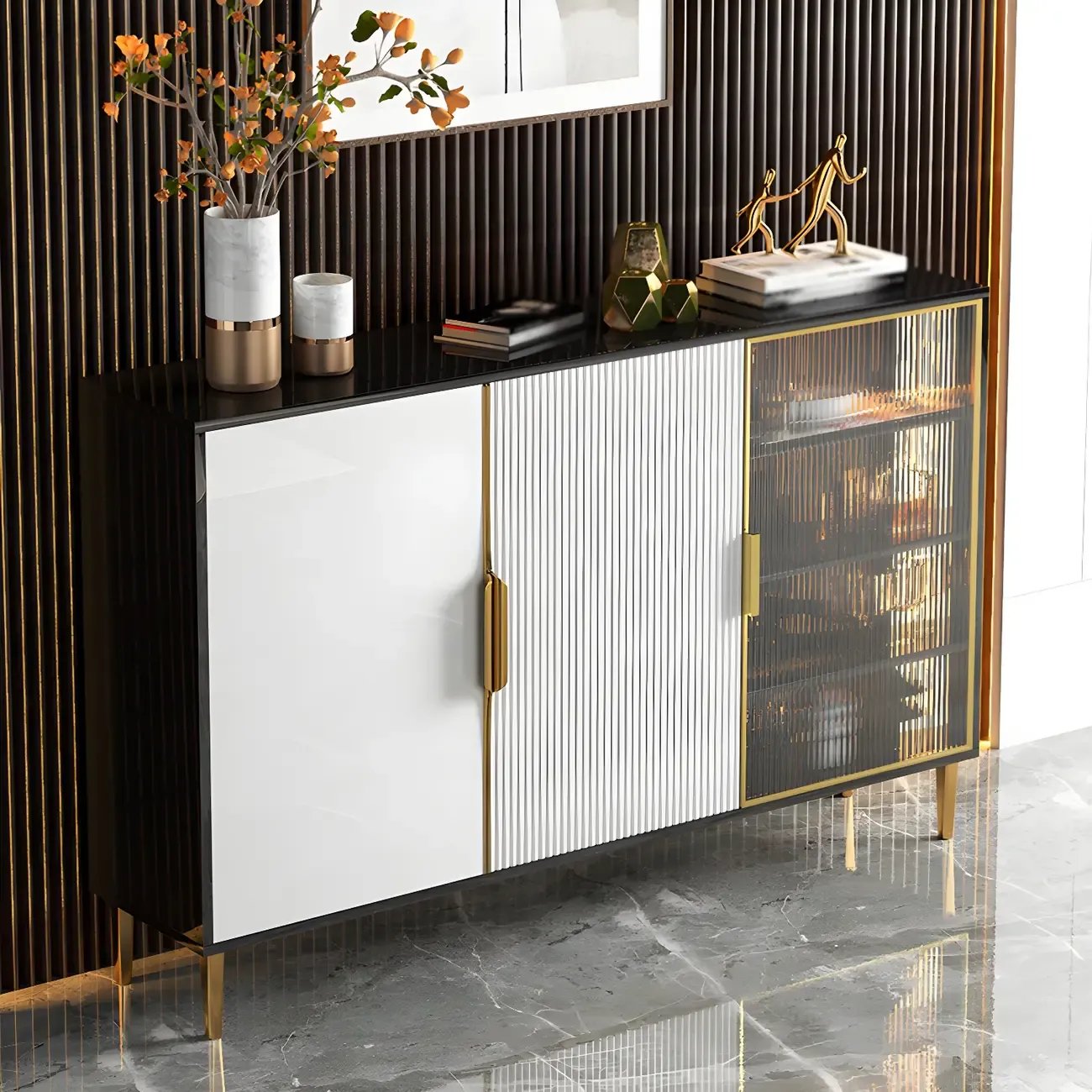 Glam High Gloss Wooden Buffet Sideboard with Cabinets