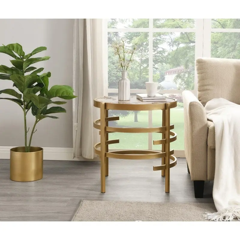 Grondin 20.67 Round End Table with Sintered Stone Table Top and Metal Frame, Modern Style Side Table with Non-Slip Foot Pads