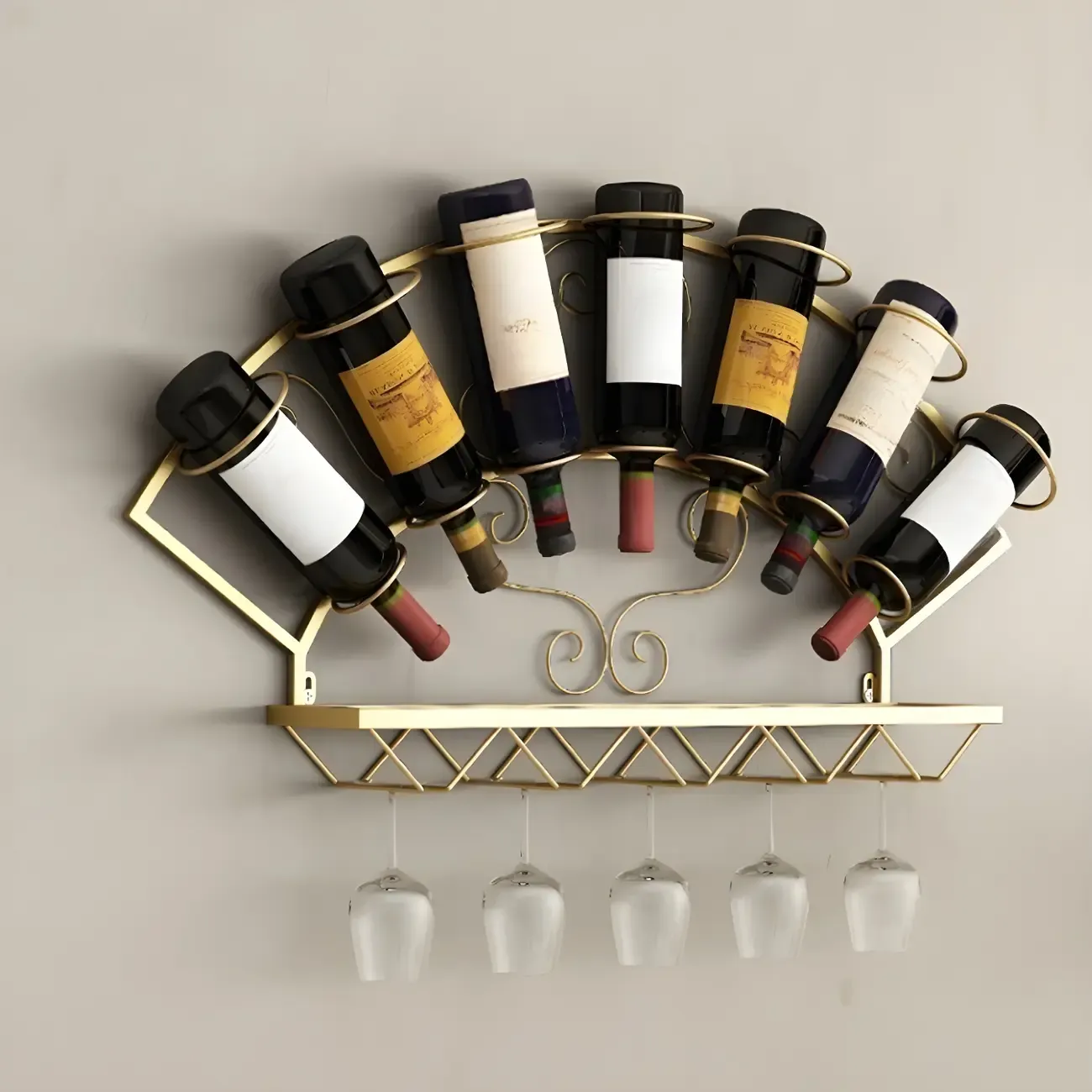 Fan-shaped Simple Metal Wall-Mounted Wine Bottle & Glass Rack
