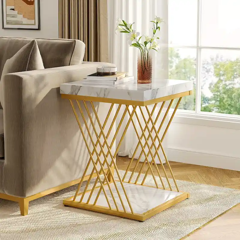 Modern White Gold Side Table Square End Table