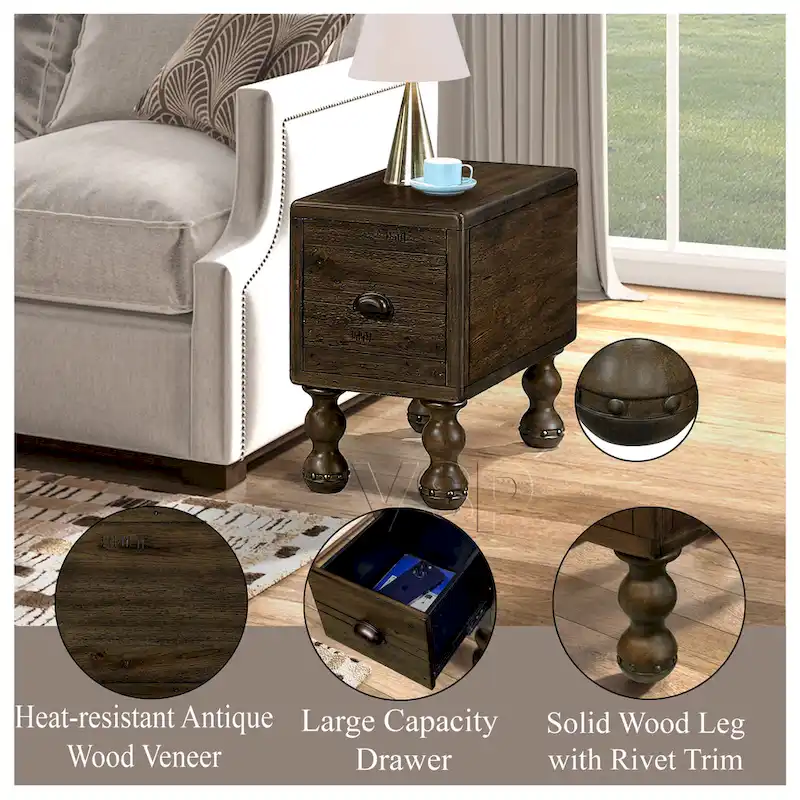 Solid Wood End Table with Drawer, 23.6 inch Narrow Side Table for Small Spaces